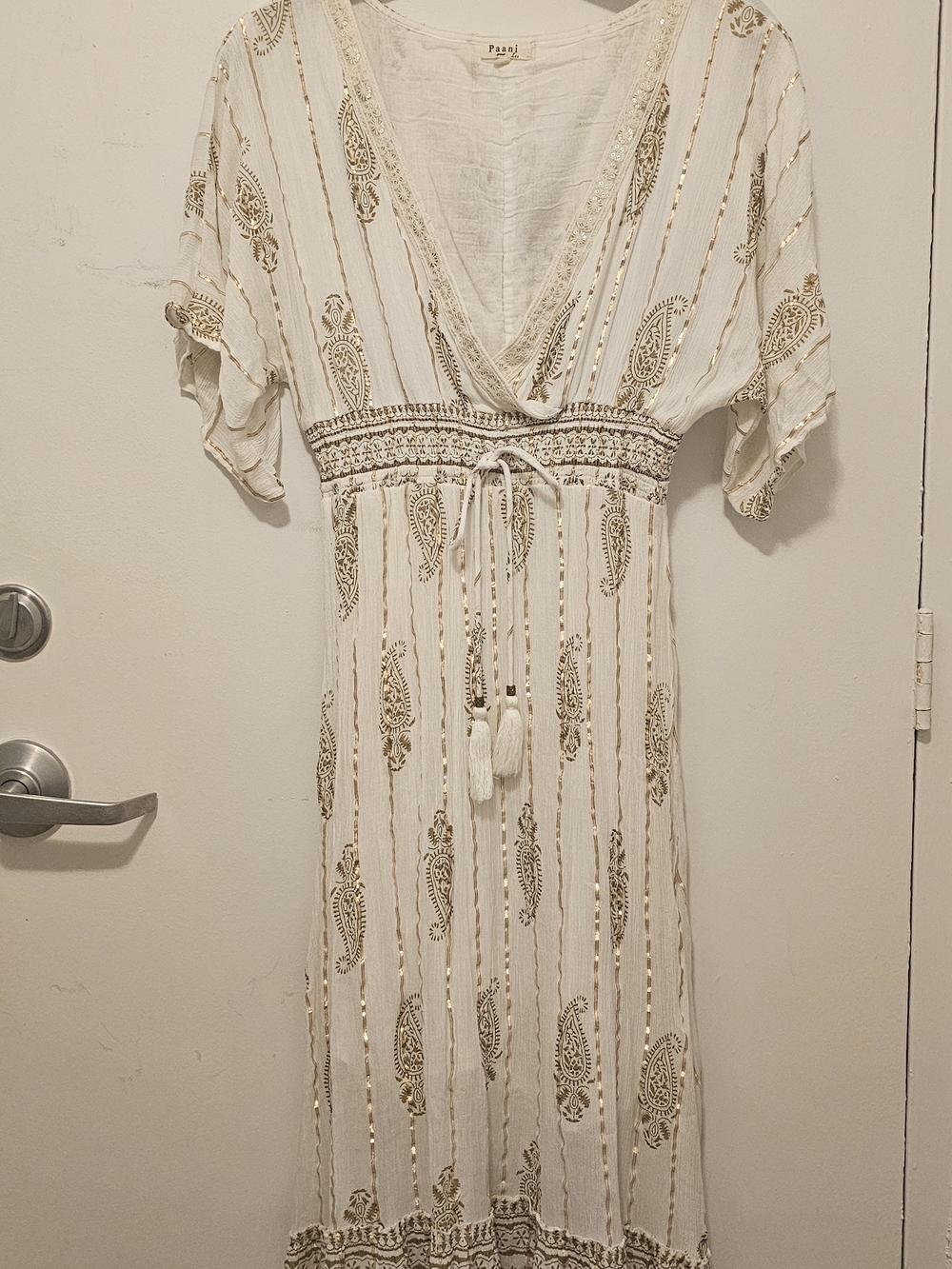 Paisley Embroidered White Maxi Dress with Gold Accents